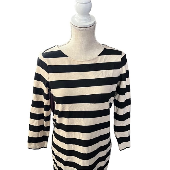 Theory Women Cream & Black Striped Long Sleeve Round Neck Mini Shift Dress Sz M - Picture 2 of 15